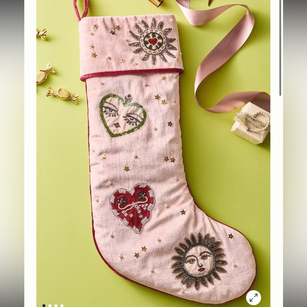 New Anthropologie Coretta Embellished Stocking Christmas Pink Blush